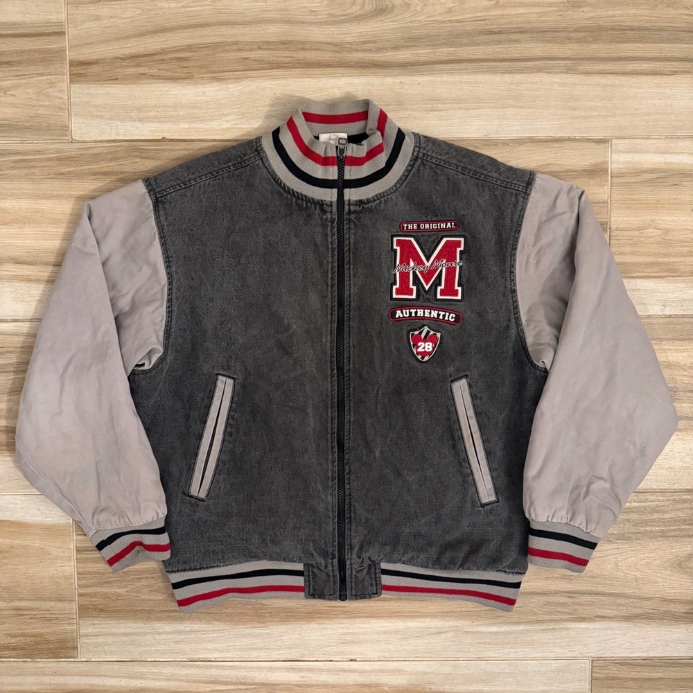 Disney Store Mickey Mouse Varsity Jacket‎ Mens Small Gray Black Denim LA4425